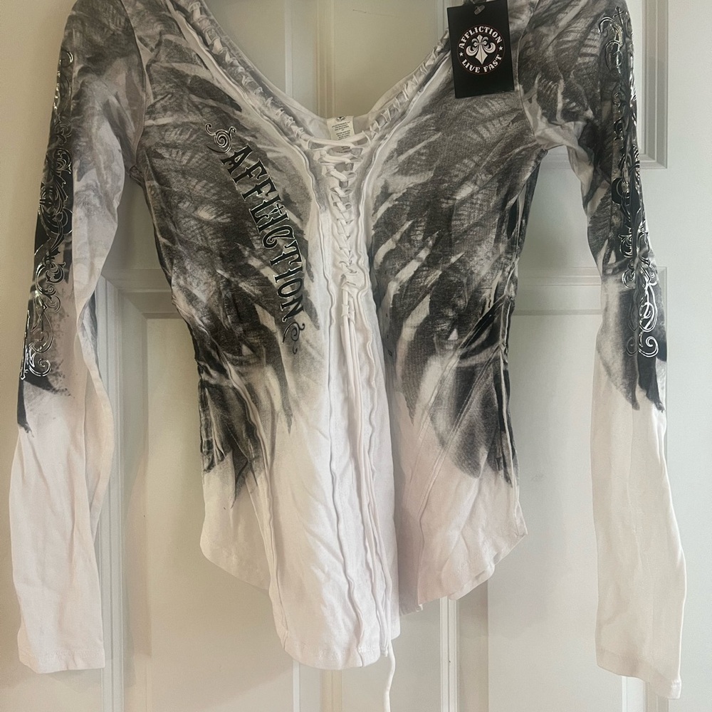 Affliction White Cream Ruched Graphic Blouse